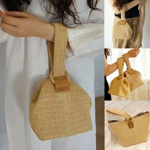 Kvinner jente håndvevd rotting veske halm vevd veske håndlaget crossbody veske bohemia stil strand sirkel sommer strandsekker