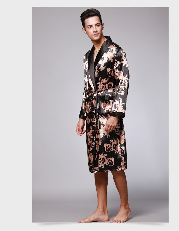 Wijn Badjas Kamerjas Nachtkleding Mannen Zijde Zomer en Herfst Luxe Kimono Satijnen Badjas Print Knielengte Lange Mouwen