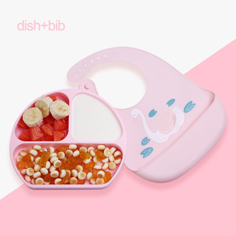 Xcqgh Food Grade Silicone Baby Kinderen Servies Schotel Vork Lepel Bib Set Babyvoeding Producten Plaat: pink dish bib