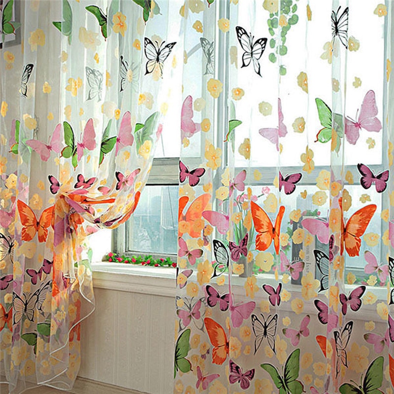 Tulle Butterfly Print Voile Window Curtain For The Living Room Bedroom Sheer Panel Drapes Scarfs Curtain For Home Decor