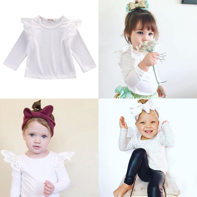 Neonato Vestiti del bambino del cotone manica lunga autunno Infantile Bambini Bambino Della Ragazza Del Merletto Spalla T-Shirt Top Outfit