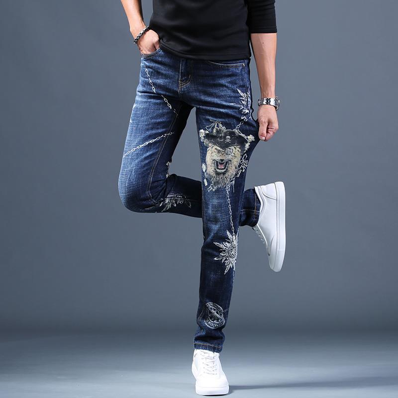 Men's printed ripped jeans stretch casual trousers autumn personality youth popular slim pants