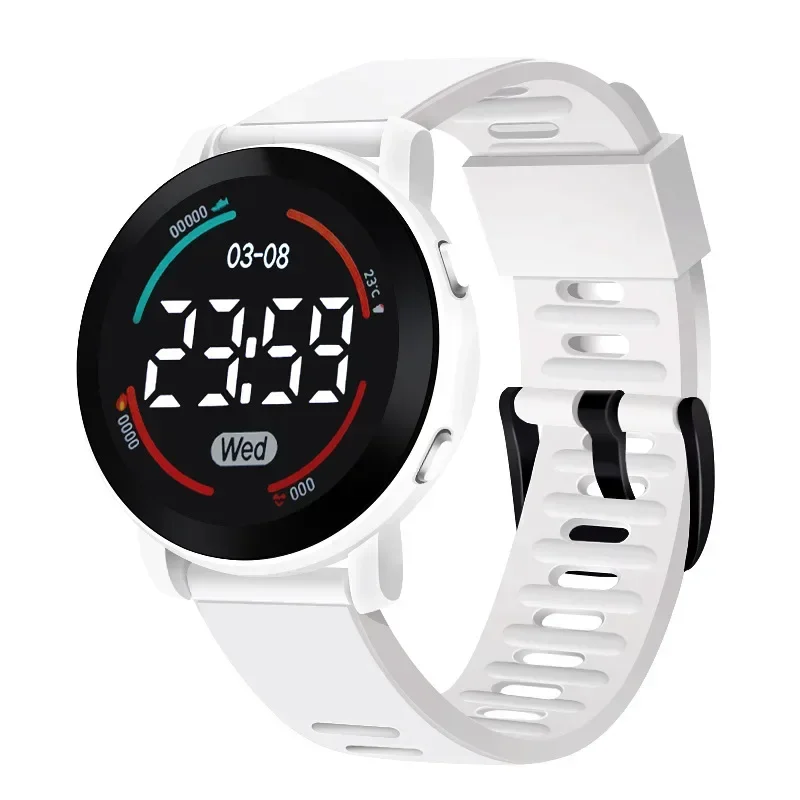 Juvenile Multifunctional Electronic Watch Sports Waterproof Fall Proof Ultra Clear Round Screen LED Digital Clock Reloj Niña: WHITE