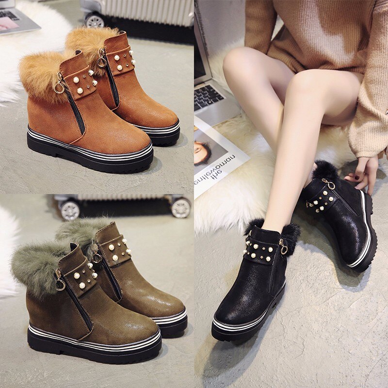 Fin pop pop søt pels kvinner ankelstøvletter komfortable vår høst sko kvinne flate høye hæler vanlig perle boot