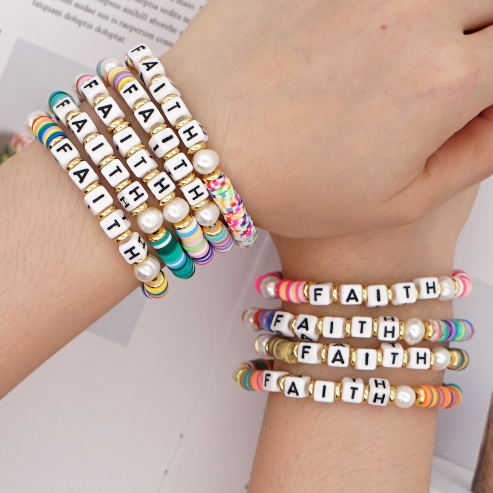 GO2BOHO Rainbow Polymer Clay Bracelets Faith Letter Heishi Beads Bracelet For Women Summer Beach Real Pearl Pulsera Jewelry