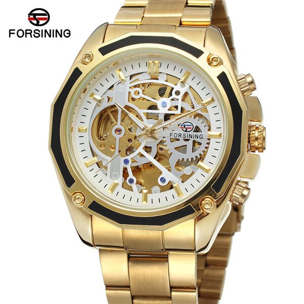 Forsining Rvs Waterdicht Heren Skeleton Horloges Top Luxe Transparante Mechanische Sport Mannelijke Horloges: gold white