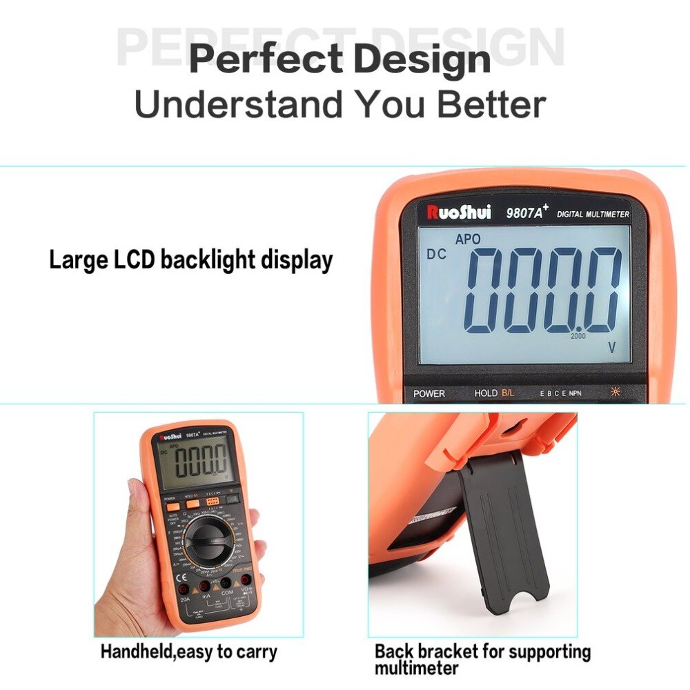 9807A+ Digital Multimeter 19999 Counts True RMS AC/DC Volt Amp Ohm Capacitance Frequency Diode hFE Continuity Tester