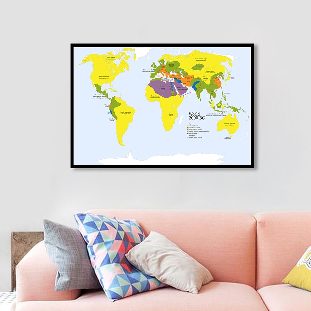 90*60cm The World Primitive tribe civilization Map In 2000 BC Non-woven Canvas Painting Retro Poster Home Decor School Supplies