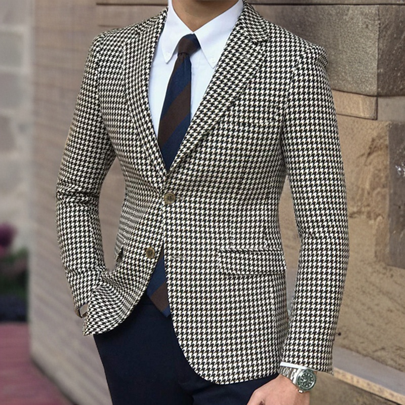 Blazer a cuadros de pata de gallo para hombre, chaqueta de traje de una pieza con 2 aberturas laterales, abrigo informal ajustado para hombre, ropa de 2023: S