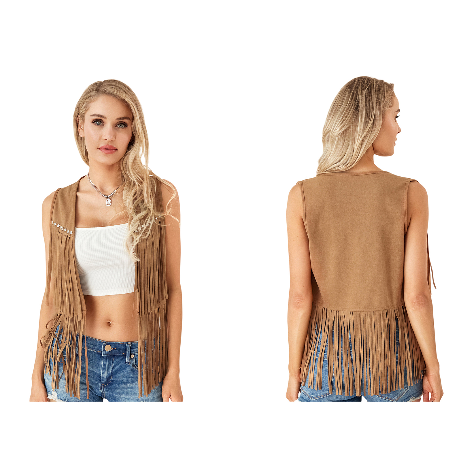 Women's Boho Hippie Waistcoat Vest Lightweight Solid Color Open Front Sleeveless Jacket with Tassel for Streetwear Outerwear