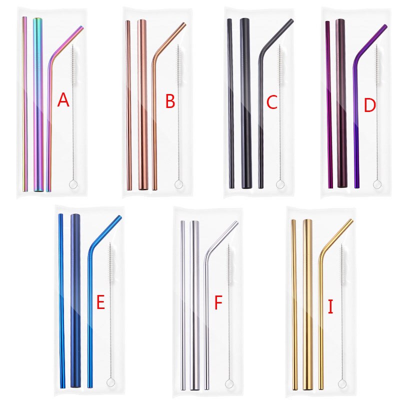 Metal Reusable 304 Stainless Steel Straws Straight Bent Drinking Straw With Case Cleaning Brush Set Party Bar accessory: F-Primary color