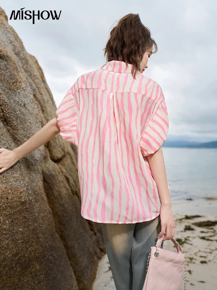 MISHOW-Chemise rayée à manches bouffantes pour femme, col polo, poche, décontracté, bureau, été, coréen, 2023, MXC38C0072