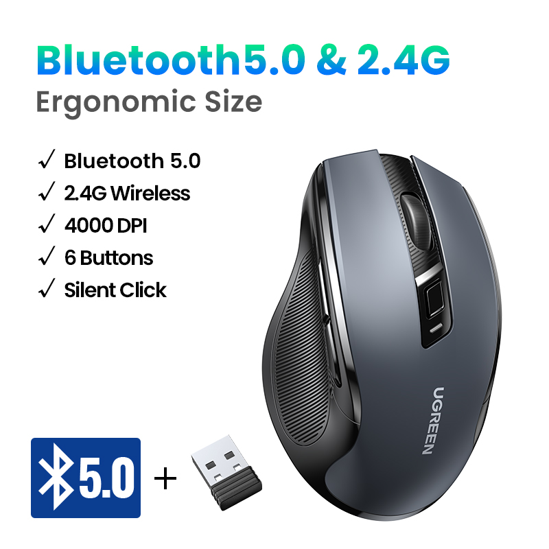 Mysz bezprzewodowa UGREEN mysz Bluetooth 5.0 ergonomiczna 4000 DPI cicha 6 przycisków dla tabletu MacBook mysz do laptopa cicha mysz 2.4G: SZARY