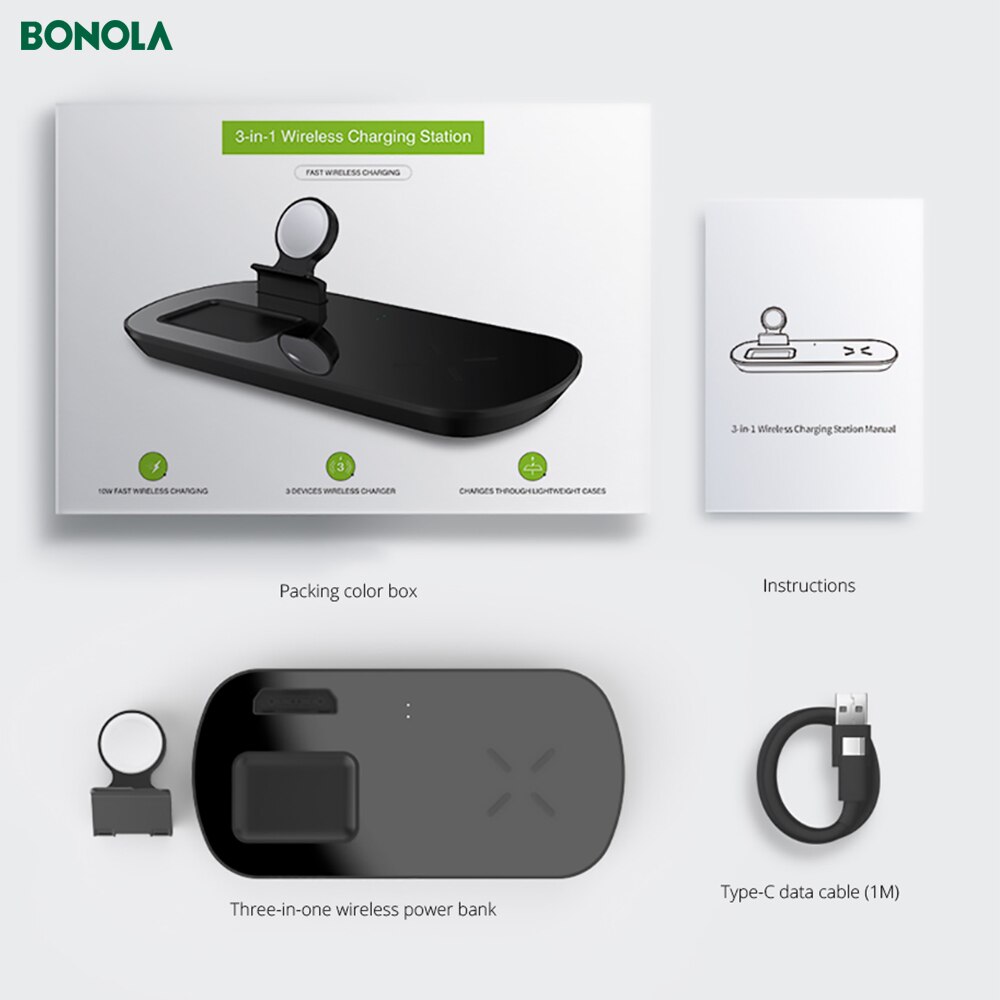 Bonola 3 in 1 wireless charger pad for iPhone 8/11/ apple watch/airpods pro 2 Magnetic wireless charger dock for iWatch 5/4/3/2