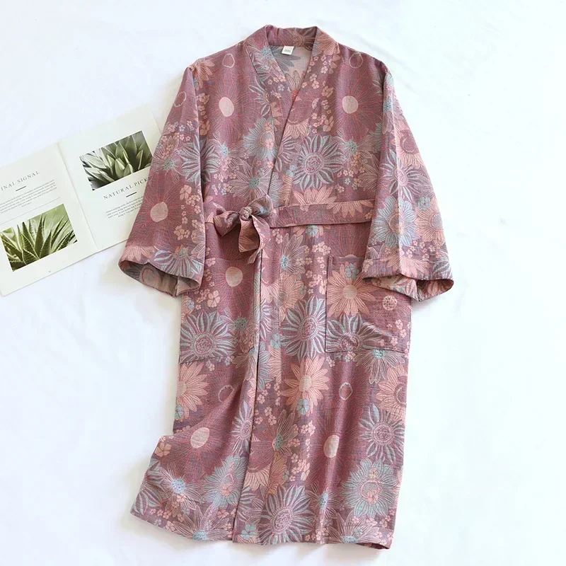 Damen-Bademantel aus bedruckter Baumwolle, Schließfach sitzender Bademantel, japanischer Stil, zum Binden, Kimono-Bademantel, schweißdampfende Baumwollpyjamas, Roben für Damen: L / Lila
