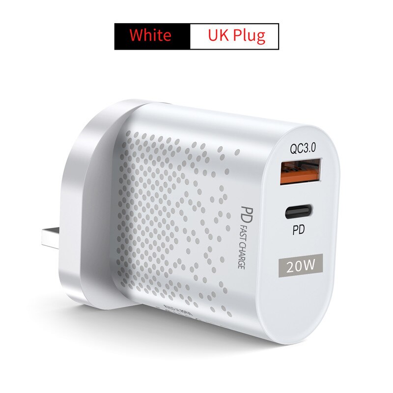 Uslion pd 20w carregador usb ue eua uk plug 3a qc 3.0 carga carregador de telefone para iphone 12 11 samsung huawei carregador de parede rápido: White UK