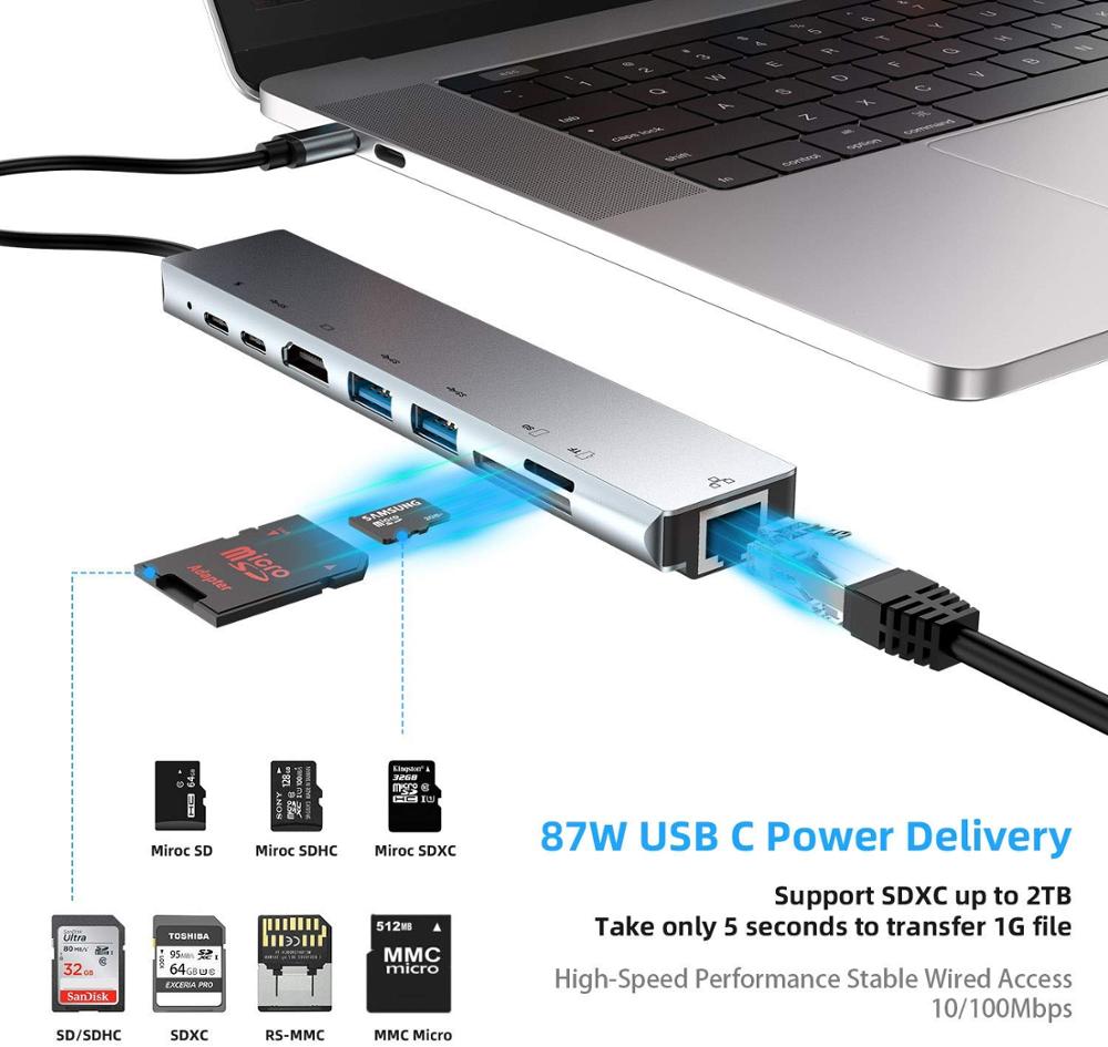 Hub 8 en 1 USB-C de Type C vers HDMI 4K, lecteur de carte SD/TF, RJ45 Ethernet type-c PD, Charge d&#39;alimentation pour Station d&#39;accueil MacBook