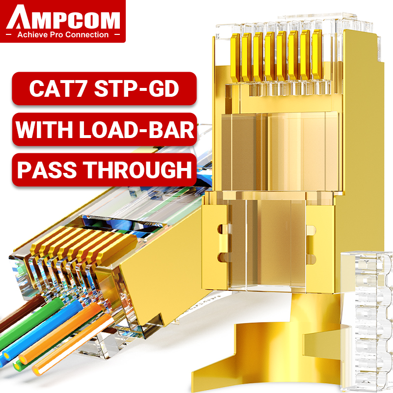 AMPCOM RJ45 Connector 50U Gold Plated CAT7 CAT6 CAT5E Pass through Modular Plug 8P8C Crimp End for Solid Wire Stanrded Ethernet