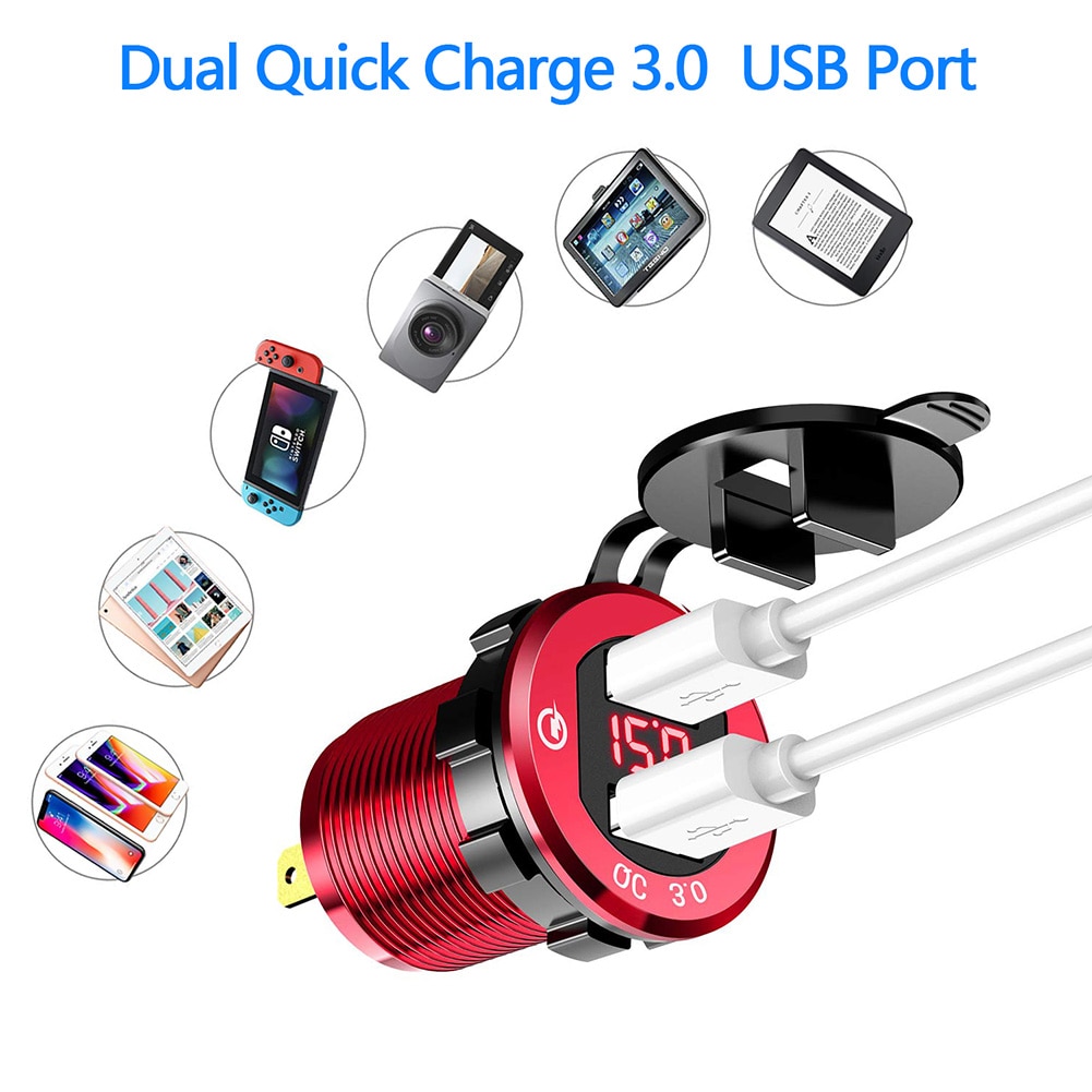 Hurtig opladning 3.0 dobbelt usb oplader stik vandtæt aluminium power charge led voltmeter til 12v/24v bil båd motorcykel usb auto