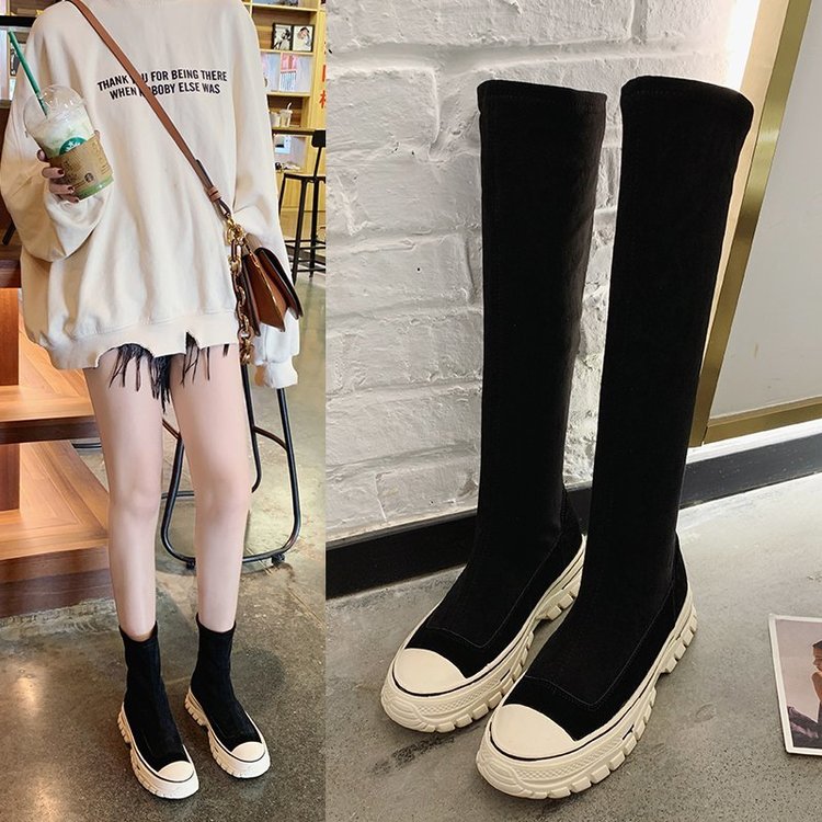 Botas femininas 2020 outono botas de estiramento botas curtas tênis botas longas plataforma grossa deslizamento-on botas femininas botas mujer