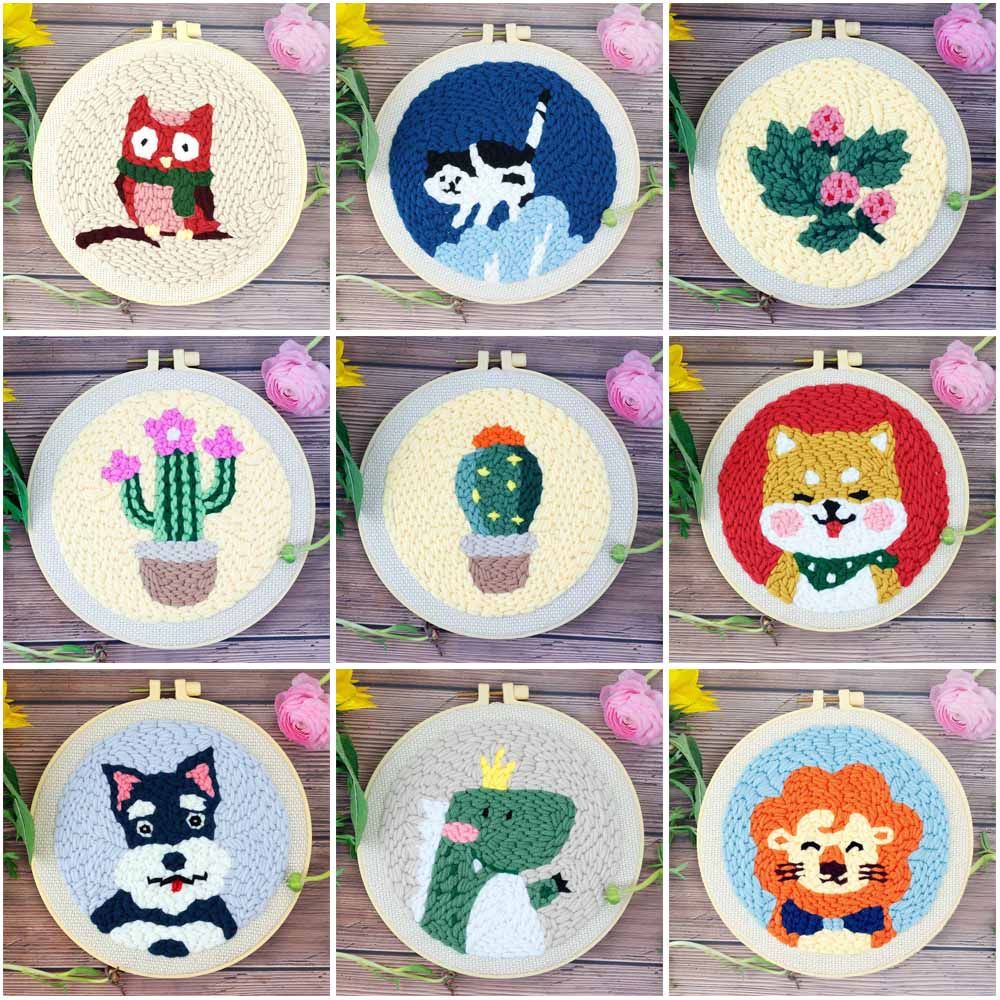 Punch Needle Embroidery Kit with Yarn for Beginners Easy Embroidery DIY Needlework Work Home Decor Cartoon Animal Embroidery