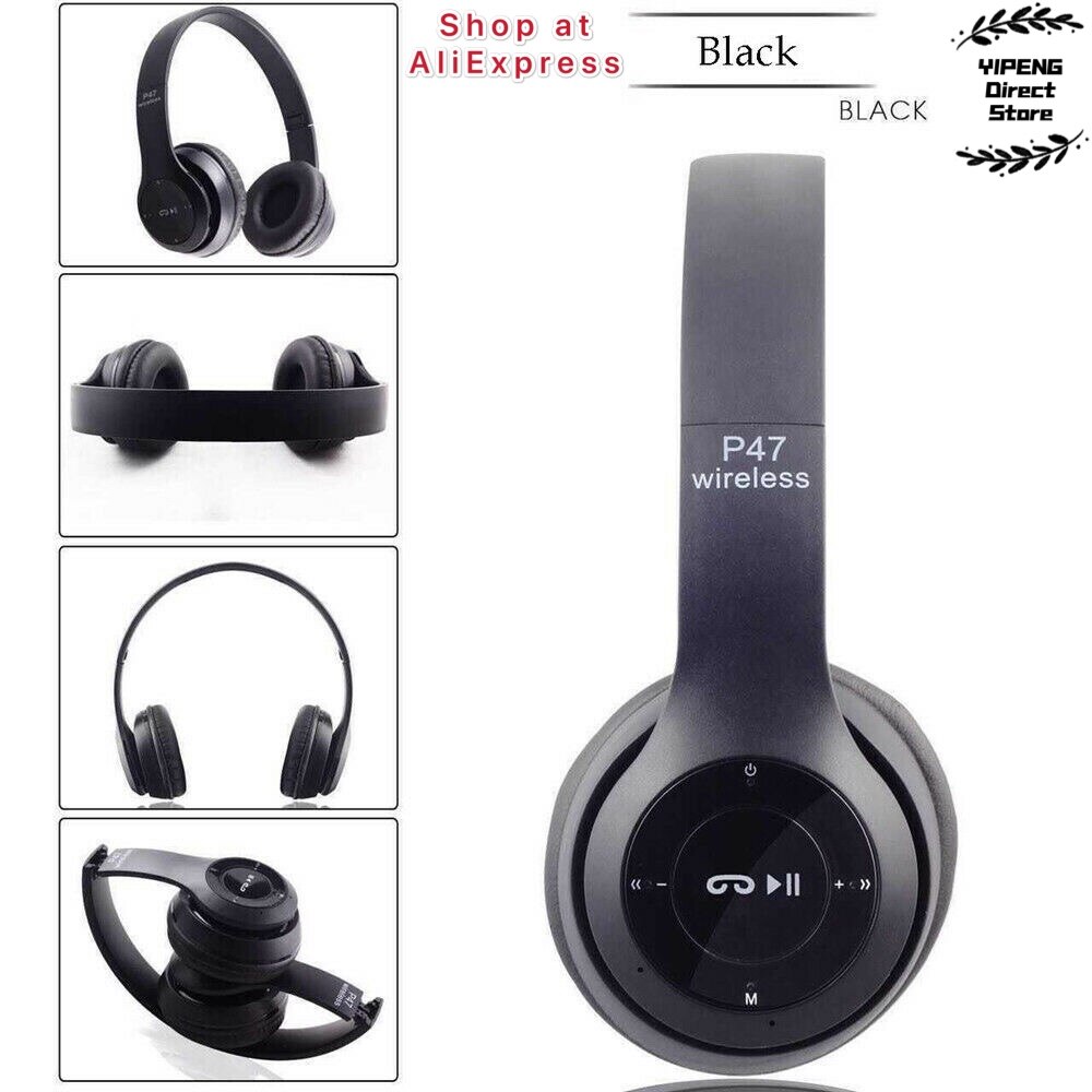 P47 langattomat kuulokkeet hifi stereo taitettava bluetooth-kuuloke mikrofonilla tuella sd-kortti  ps4 älypuhelimen tablet-kannettavalle: Musta