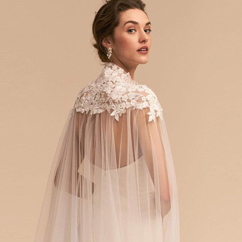 High Neck A-line Tulle Short Sleeves Lace-Up Backless Beading Wedding Dress