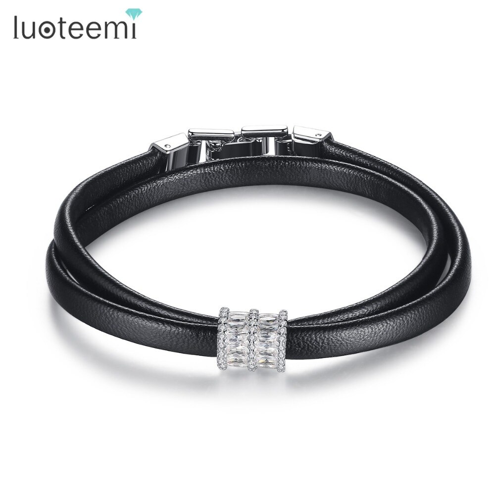LUOTEEMI Trend Leather Simple Geometric Zircon Bead Handmade Charm Bracelets &amp; Bangles for Women Trendy Black PU Leather Jewelry: Gold-color