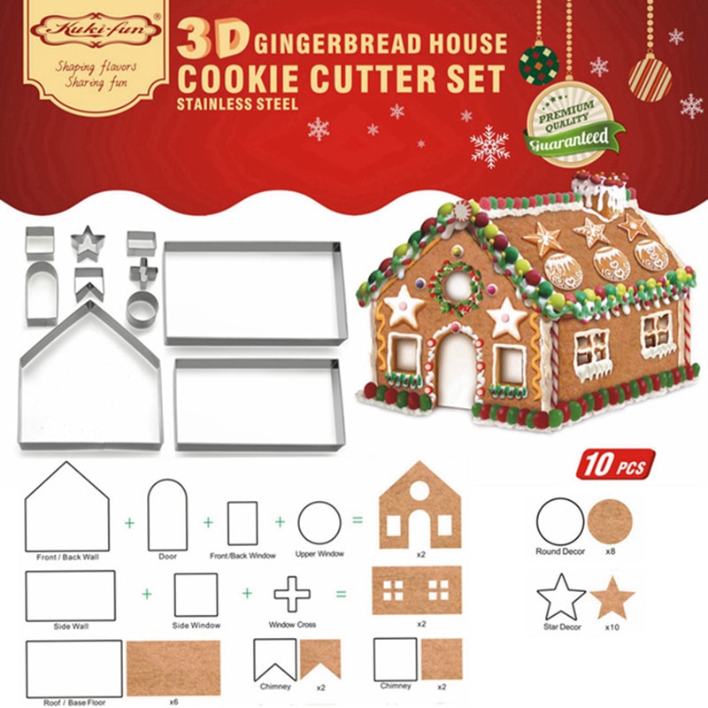 10 stks 3D Peperkoek huis Rvs Kerst Scenario Cookie Cutters Set Biscuit Mold Fondant Cutter Bakken Tool