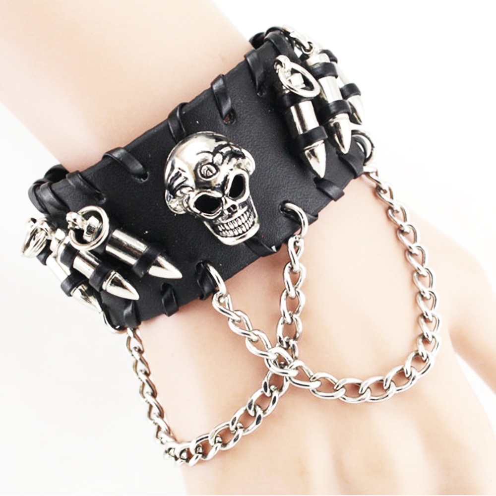 Unisex Black PU Leather Cool Bracelet Punk Bullet Wristband Adjustable Skull Metal Chain Bracelet Punk Biker Rock Gothic