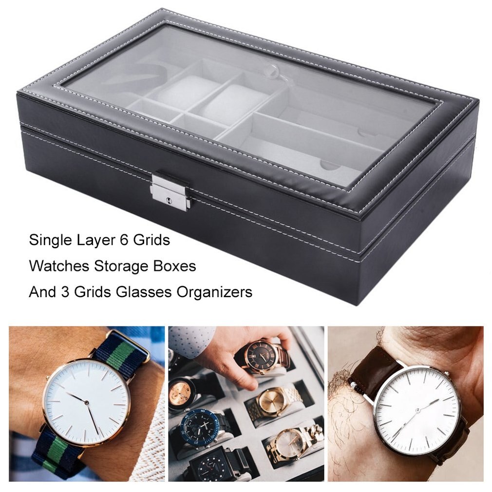 2/6/10/12 girds couro/fibra de carbono luxo caixa de relógio caixa de armazenamento de jóias relógio organizador para anéis pulseira exibição titular caso