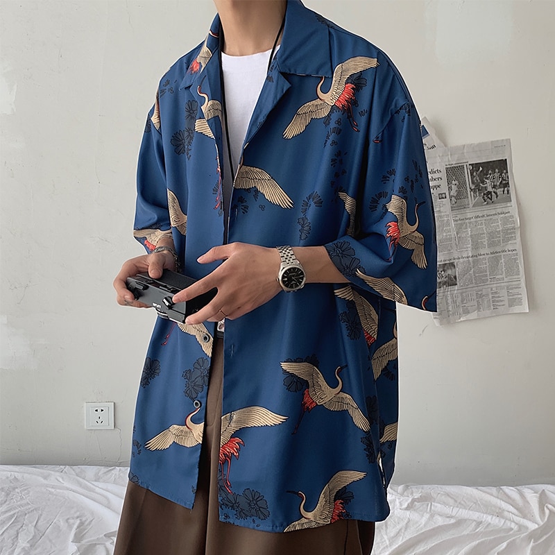 Sommer løs kortærmet skjorte herretøj ulzzang koreansk stil tøj krantryk hawaiiansk hiphop oversized skjorte til mænd