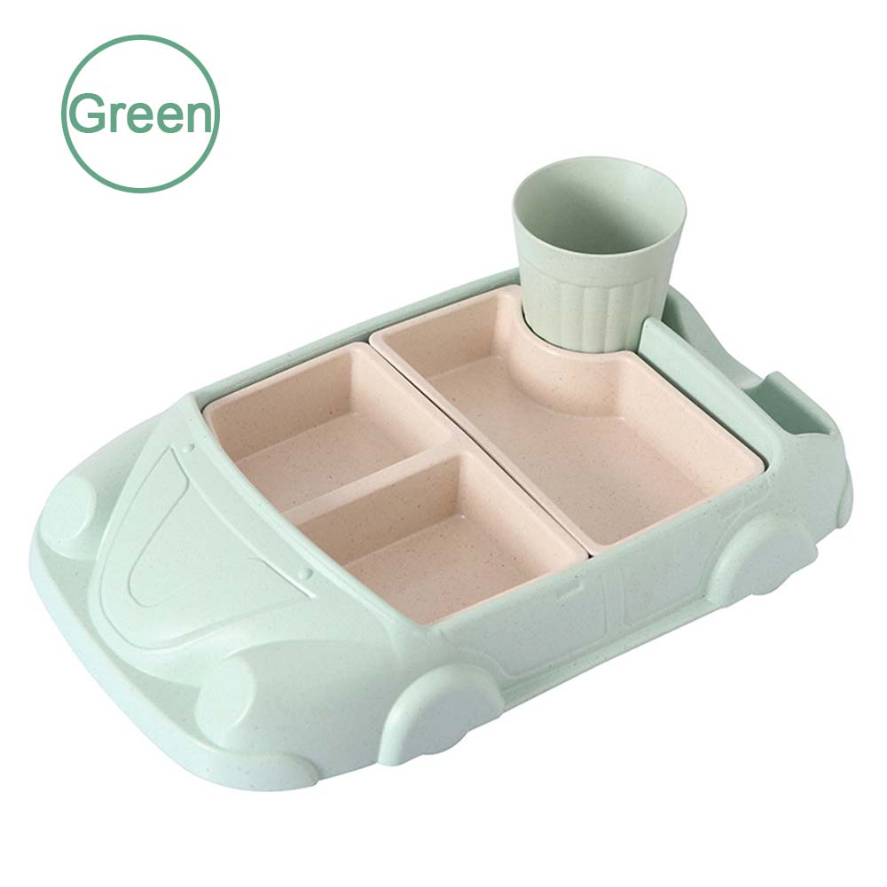 Barn porslin bil form skål kopp tallrikar barnmat behållare spädbarn bambu fiber träning rätter baby utfodring uppsättningar: Grön
