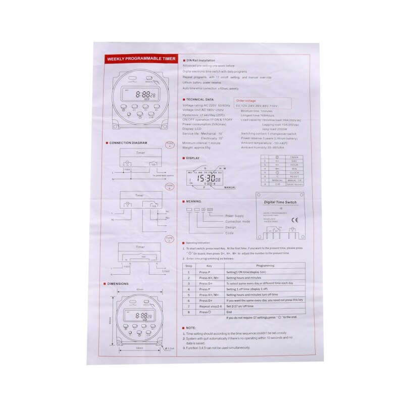 CN101A 12V 110V 220V Digital Timer Switch 7 Days Weekly Programmable Time Relay Programmer