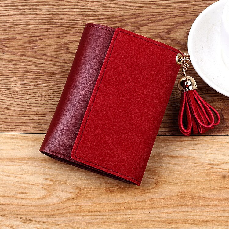 Women Purse Tassels Small Tri-Fold Short Wallet Purse Students Wallet Leather Coin Purse Wallets Card Holder: Wine Red