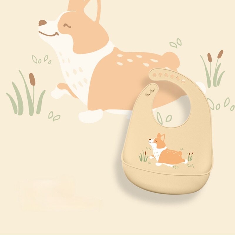 Baby Lätzchen Weichen Silikon Kleinkind Fütterung Lätzchen Wasserdichte Kleinkind Zeug Solide Karikatur Dinosaurier Druck Mädchen Junge Einstellbare Spucktücher: Gelb Welpe