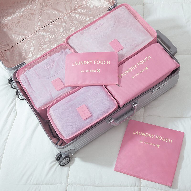 Nylon Packing Cubes Travel Bag System Durable 6 Pieces/ Set Large Capacity Of Unisex Clothing Sorting Organize Travel Bags: Pink