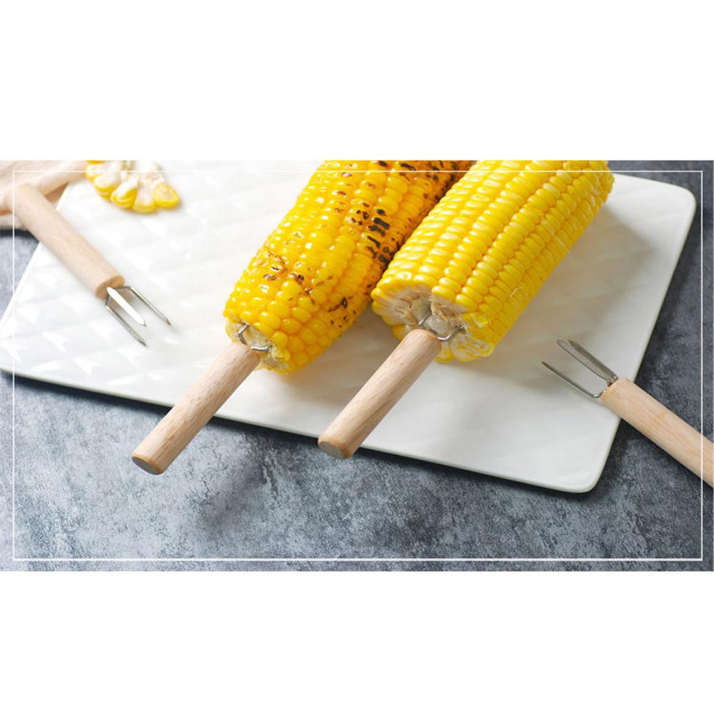 8PCS Corn Holder BBQ Stainless Steel with Oak Handle Corn on The Cob Skewers for Kids and Adults Home Cooking Barbecue