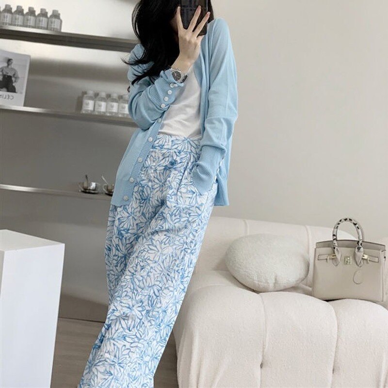 Women Mopping Sleep Bottoms Loose Soft Pockets Blue Fresh Floral Sweet Girls Teenagers Nightwear Outdoor Females Lounge