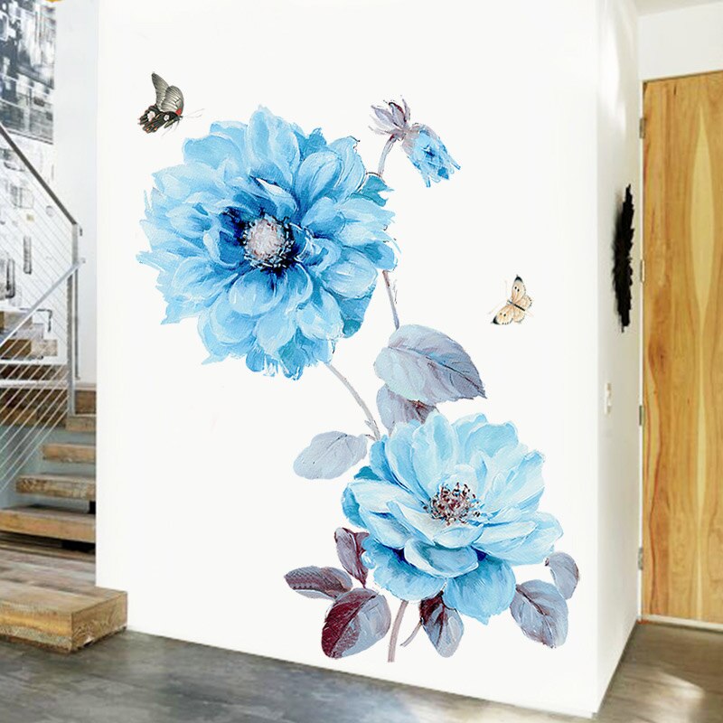 Blauwe Bloemen Vlinder Muurstickers Home Decor Art Decals Muurschilderingen voor Woonkamer Slaapkamer Decoratie
