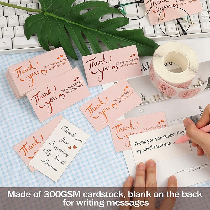 500/Roll 1.5 Inch Thank You Label Sticker Stamping Thank You Card Sticker With 100 Pink Cards Packaging Label