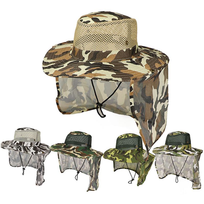 Unisex Camouflage Bucket Hat with Mesh Neck Flap Fishing Wide Brim Bo 270D