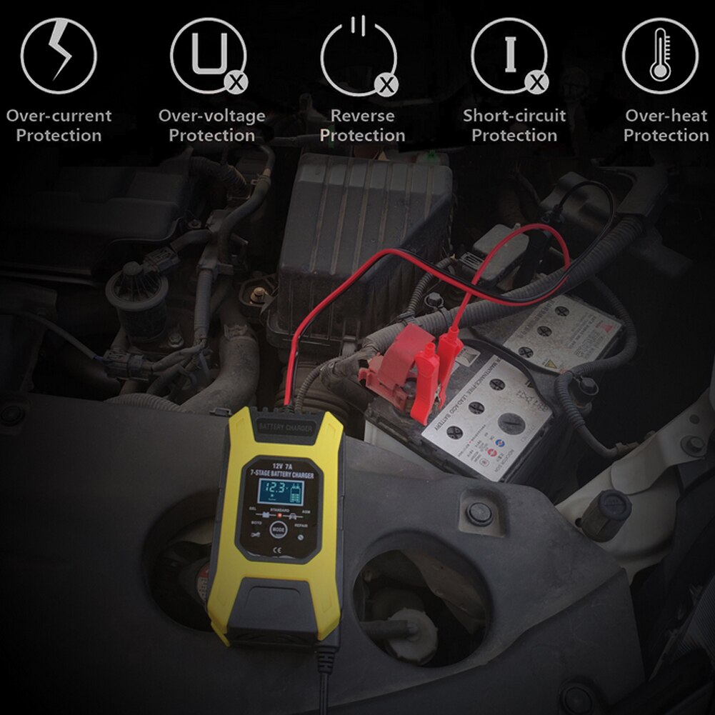 Smart Car Battery Charger 12V 7A 7-Stage Automatic Pulse Repair Charger with LCD for AGM Lead Acid Wet Gel Dry Cell Battery