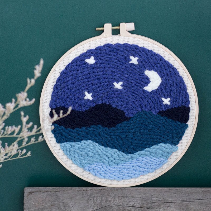 DIY Easy Punch Needle Embroidery Kit Needlework Landscape Cross Stitch for Beginner Handmade Sewing Wall Painting Home Decor: Plastic hoop B / Punch needle kit