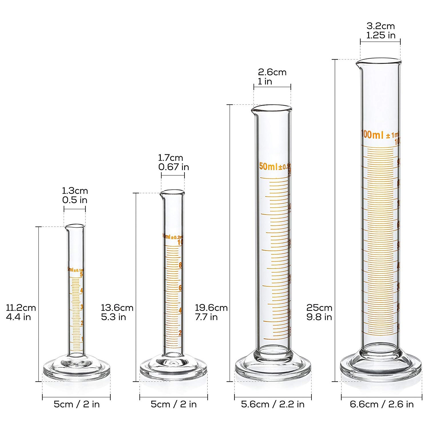 Ppyy  -4 målecylinder  - 5ml, 10ml, 50ml, 100ml -  premiumglas - indeholder 2 rengøringsbørster  + 3 x 1ml glaspipetter