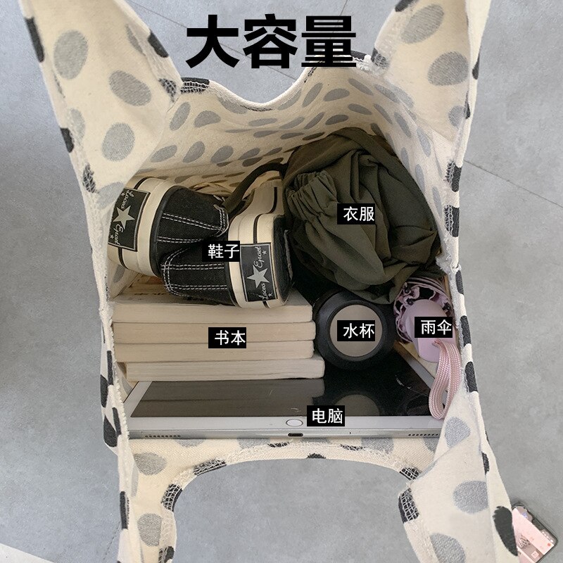 2022 Polka Dot Canvas Schoudertas Student Klasse Tas Eenvoudige Japanse En Koreaanse Stijl Draagbare Boodschappentas