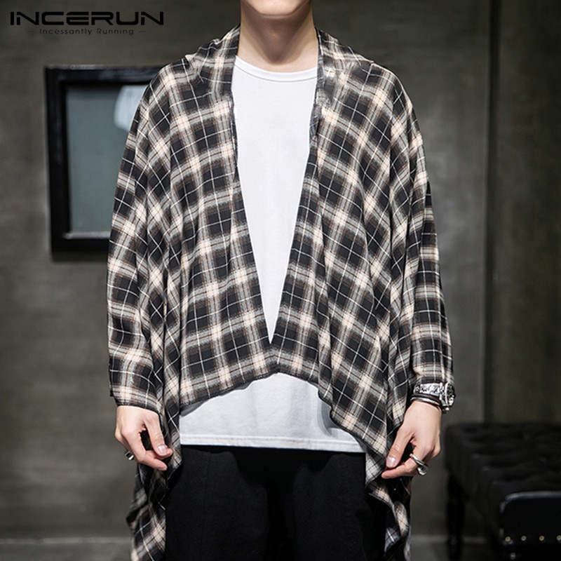 INCERUN, camisa Vintage para hombre, capa a cuadros, puntada abierta, ropa informal suelta, prendas de vestir exteriores , Kimono, Tops, cárdigan de capa Irregular para hombre