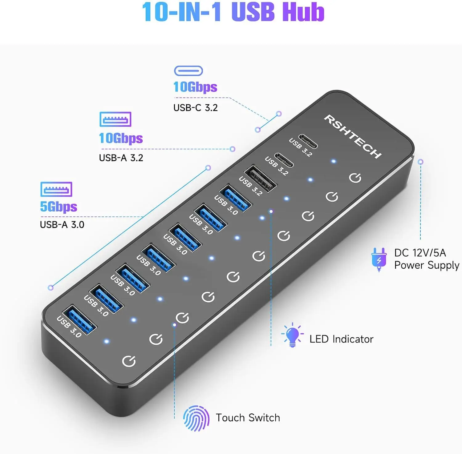 RSHTECH USB Hub 10-Port USB C Hubs 60W with 10Gbps Data Transfer Ports Individual Touch Switches Hybrid Splitter for Laptop/PC