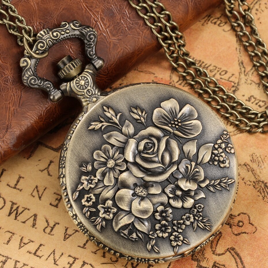 Brons Rose Bloemblaadje Hanger Retro Bloei Bloemen Vrouwen Quartz Pocket Horloges Dames Fob Ketting Ketting Sieraden Klok