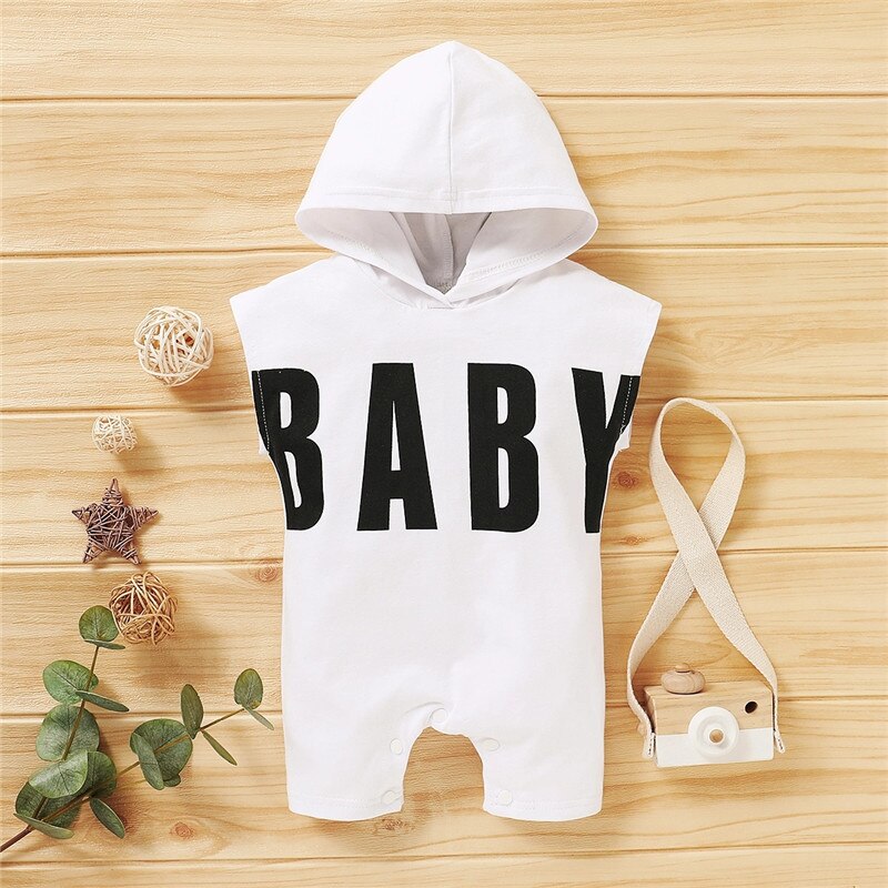 Patpat Zomer Baby Stijlvolle Brief Afdrukken Hooded Jumpsuits Voor Baby Jongen Een Stukken Jumpsuits Kleding: 6-9 Months